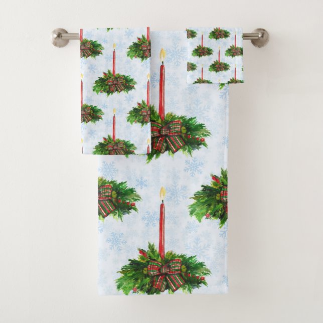 Watercolor Merry Christmas Candle Bath Towel Set (Insitu)