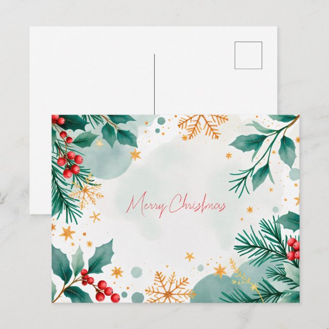 Watercolor Merry Christmas Card Leaves & Berries  (Front/Back)