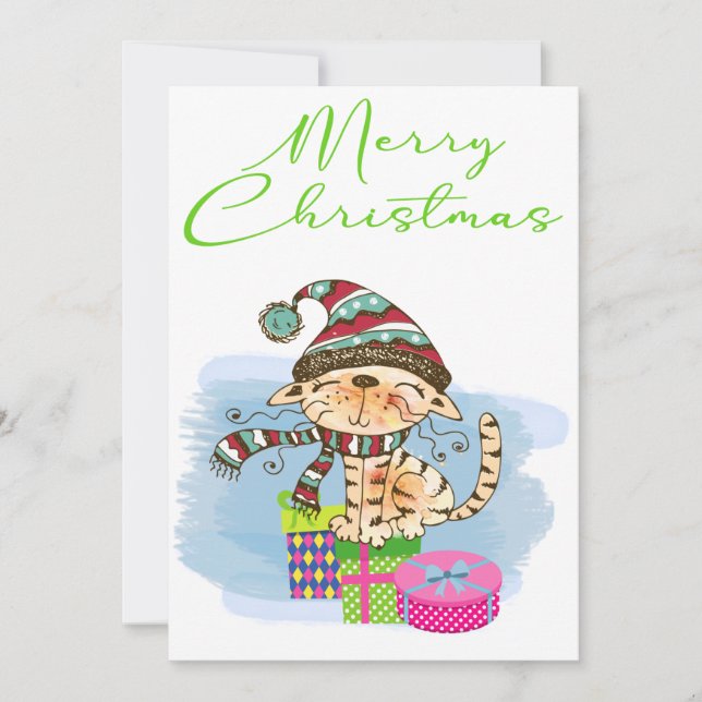 Watercolor Merry Christmas Cat Holiday Card (Front)