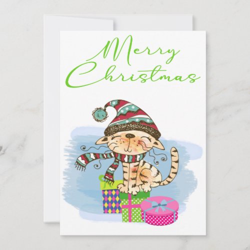 Watercolor Merry Christmas Cat Holiday Card