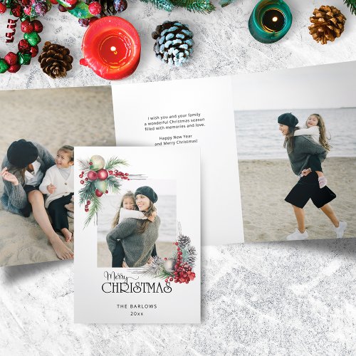 Watercolor Merry Christmas Christmas Floral Photo Tri_Fold Card