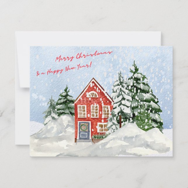 Watercolor Merry Christmas Cozy House under Snow Holiday Card (Front)