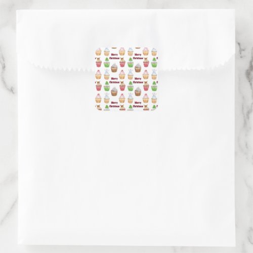Watercolor Merry Christmas Cupcake Pattern Square Sticker