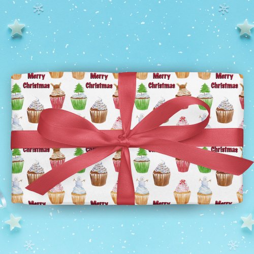 Watercolor Merry Christmas Cupcakes Wrapping Paper