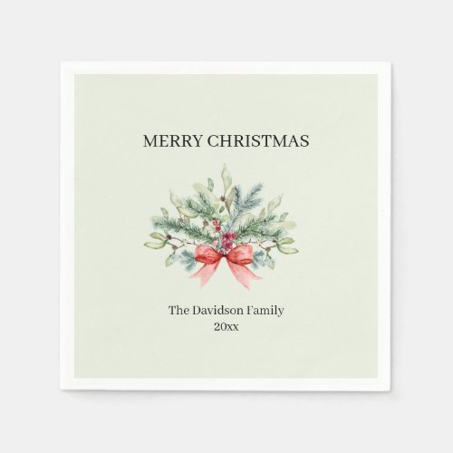 Watercolor Merry Christmas Family Greenery Napkins