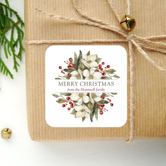Watercolor Merry Christmas Floral Magnolia Berries Square Sticker (Creator Uploaded)