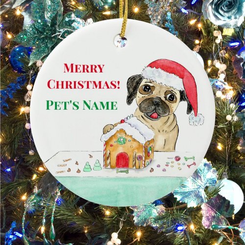 Watercolor Merry Christmas French Bulldog  Ceramic Ornament