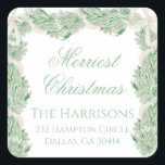 Watercolor Merry Christmas Garland Vintage  Square Sticker<br><div class="desc">Watercolor Merry Christmas Garland Vintage Square Sticker.
This beautiful Christmas Sticker features watercolor Christmas garland with white bows and Bedford stockings. It is perfect if you are looking for classic,  southern,  grandmillenial Christmas stickers.
Message me for any need adjustments or matching items :)</div>