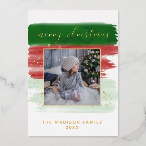 Watercolor Merry Christmas Gold Foil Photo Card