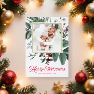 Watercolor Merry Christmas Holidays Photo Letterpress Photo Cards
