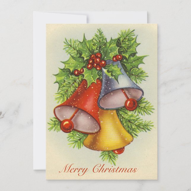 Watercolor Merry Christmas Holly Red Yellow Bell   Holiday Card (Front)