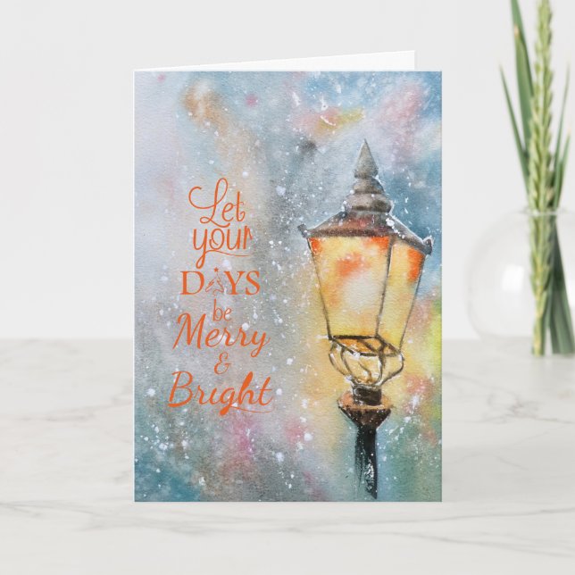 Watercolor Merry Christmas Lamp Post in Snowfall  Holiday Card (Front)