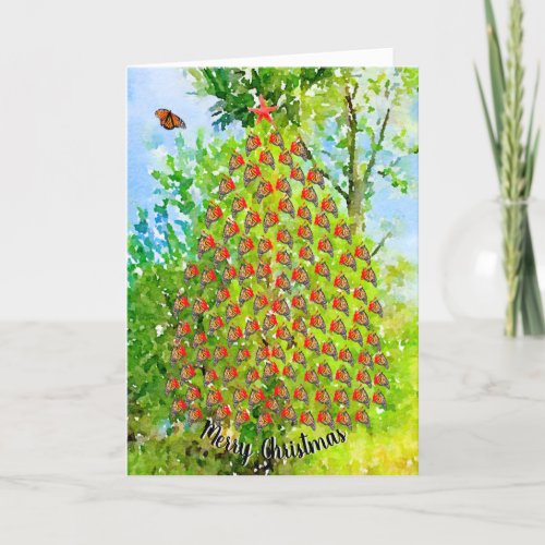 Watercolor Merry Christmas Monarch Butterfly Tree Holiday Card