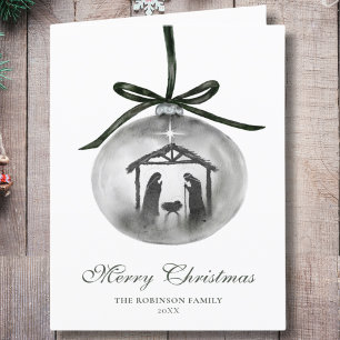 Watercolor Merry Christmas Nativity Ornament Holiday Card