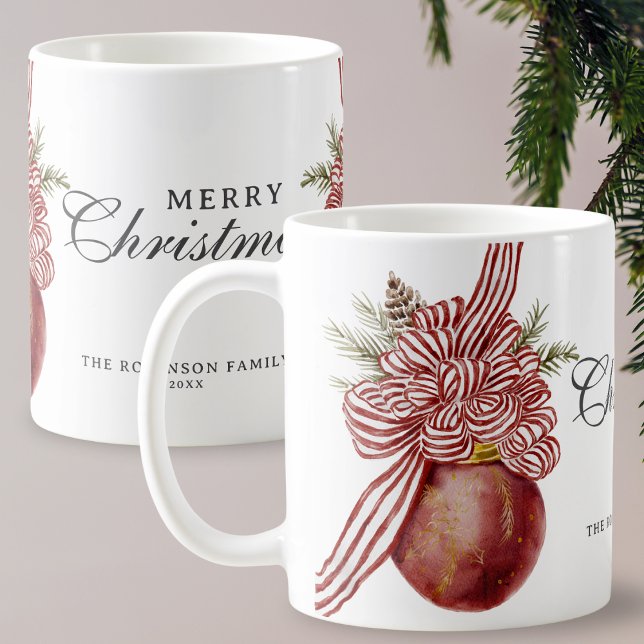 Watercolor Merry Christmas Ornament Striped Bow Coffee Mug (Creator Uploaded)