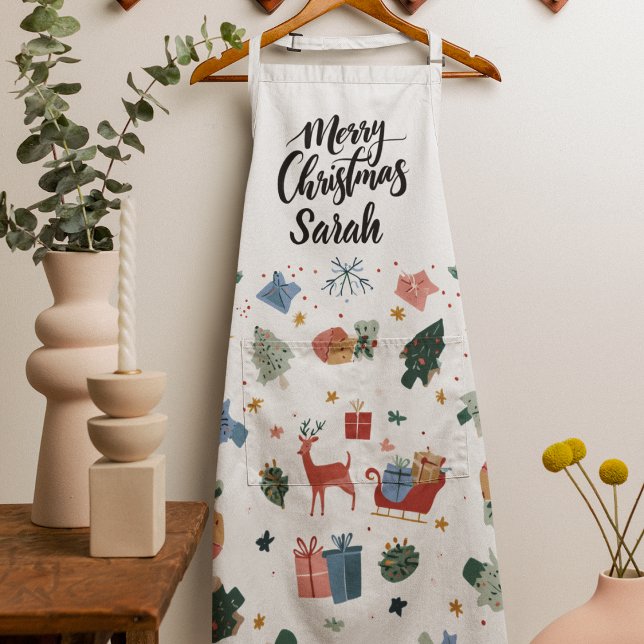 Watercolor Merry Christmas Pattern | Cooking Apron (Creator Uploaded)