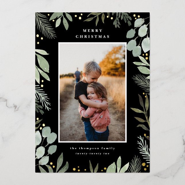 Watercolor Merry Christmas Photo Card Real Foil (Front)