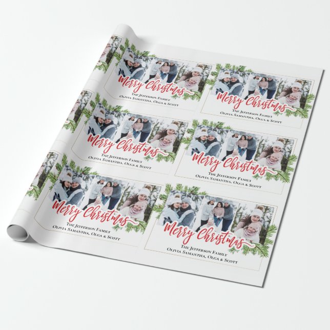 Watercolor Merry Christmas Pine 3 PHOTOS Collage Wrapping Paper (Unrolled)