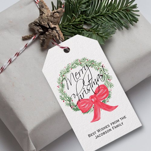 Watercolor Merry Christmas Pine Wreath Holiday Gift Tags