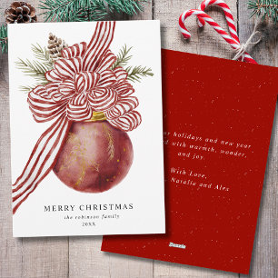 Watercolor Merry Christmas Red Bow Ornament Holiday Card