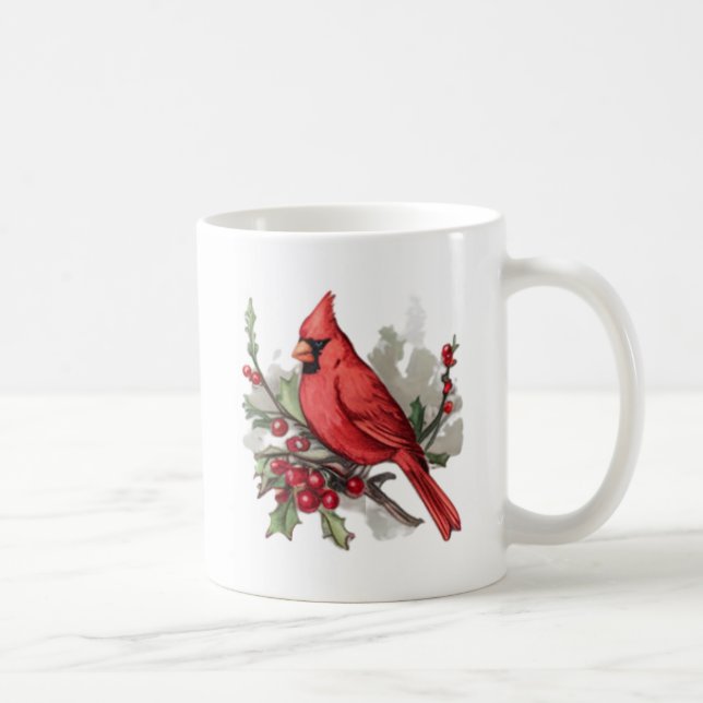 Watercolor Merry Christmas Red Cardinal & Berries Coffee Mug (Right)