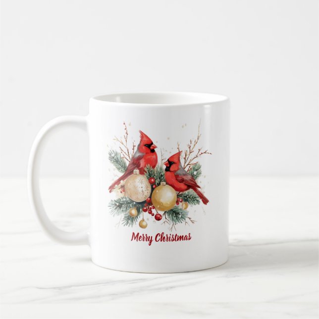 Watercolor Merry Christmas Red Cardinal & Berries Coffee Mug (Left)