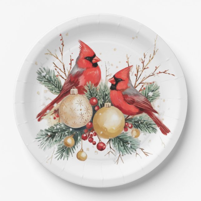 Watercolor Merry Christmas Red Cardinal & Berries Paper Plates (Front)