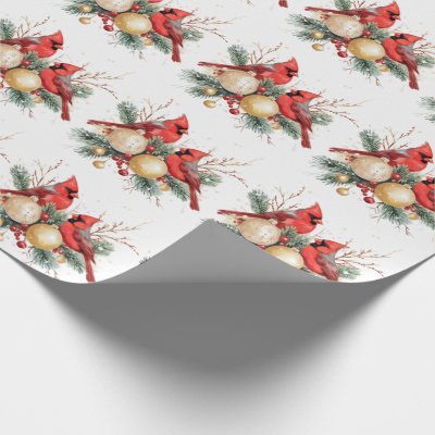Watercolor Merry Christmas Red Cardinal &amp; Berries  Wrapping Paper