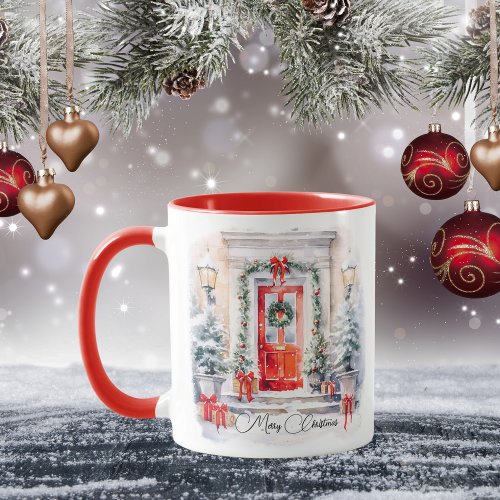 Watercolor Merry Christmas Red Door Mug