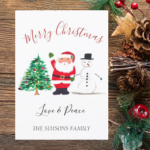 Watercolor Merry Christmas Santa Snowman Holiday Card