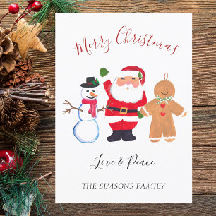 Watercolor Merry Christmas Santa Snowman Holiday Card