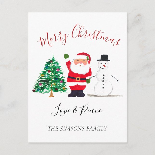 Watercolor Merry Christmas Santa Snowman  Holiday Postcard (Front)