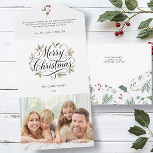 Watercolor Merry Christmas Script Botanical All In One Invitation