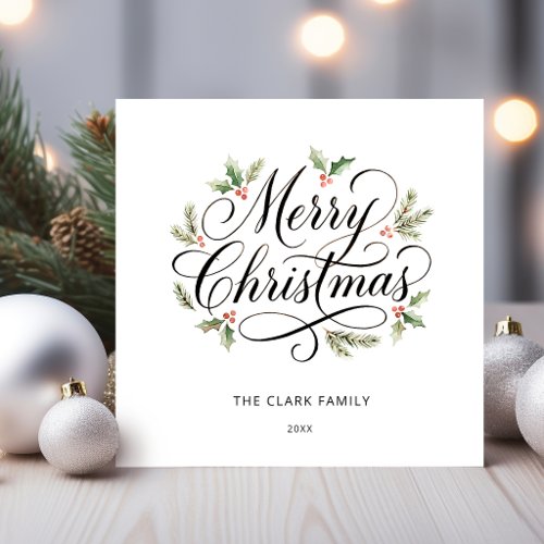 Watercolor Merry Christmas Script Botanical Holiday Card
