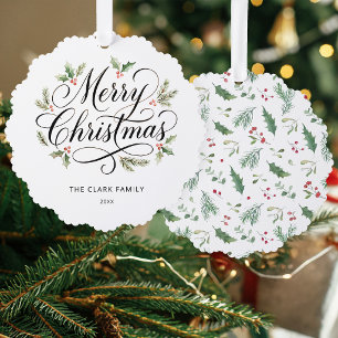 Watercolor Merry Christmas Script Botanical    Ornament Card