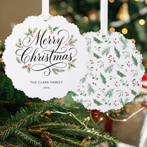 Watercolor Merry Christmas Script Botanical Ornament Card