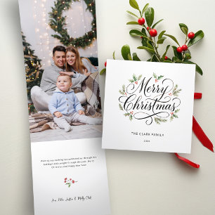 Watercolor Merry Christmas Script Botanical Tri-Fold Holiday Card