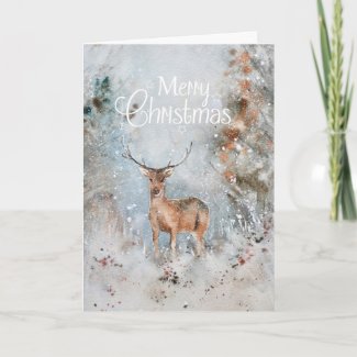 Watercolor Merry Christmas Snow Deer Woodland Holi