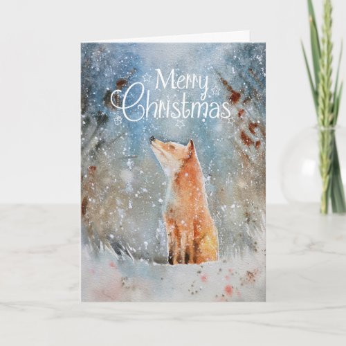 Watercolor Merry Christmas Snow Wolf Woodland Holiday Card