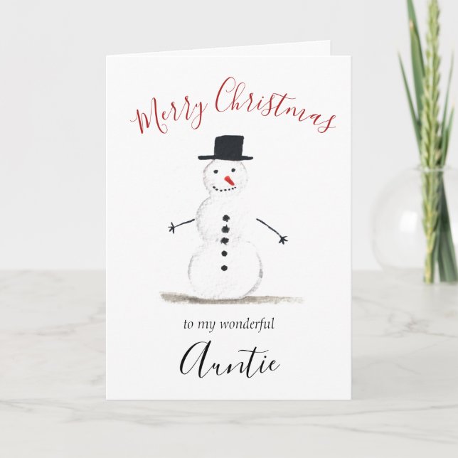 Watercolor Merry Christmas Snowman Auntie Holiday Card (Front)