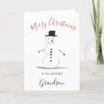 Watercolor Merry Christmas Snowman Grandson Holiday Card