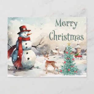 Watercolor Merry Christmas Snowman Holiday Postcard