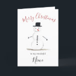 Watercolor Merry Christmas Snowman Niece Holiday Card<br><div class="desc">Merry Christmas niece card. Watercolor,  snowman,  Christmas tree,  non photo,  traditional card. Please personalize it with your details.</div>