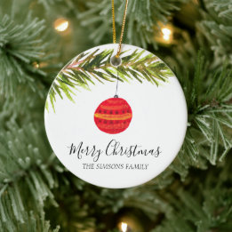 Watercolor Merry Christmas Tree Merry and bright Ceramic Ornament