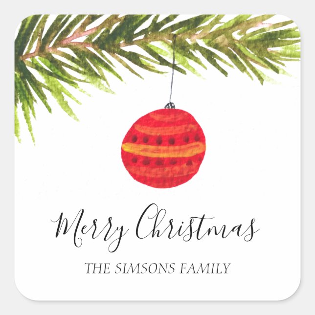 Watercolor Merry Christmas Tree Merry and bright Square Sticker (Front)