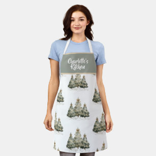 Watercolor Merry Christmas Trees Cooking Apron