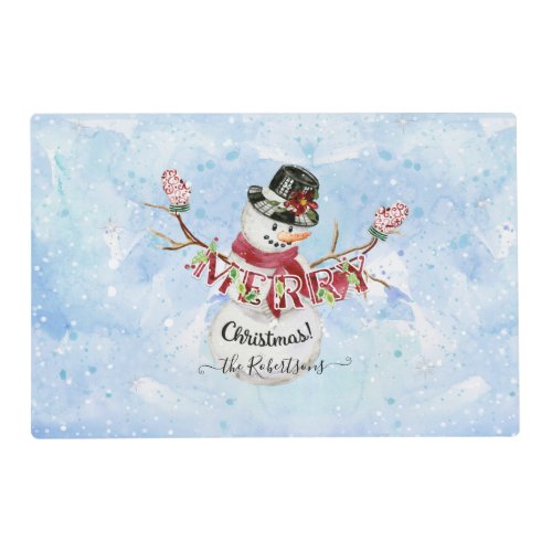 Watercolor Merry Christmas Typography Cute Snowman Placemat
