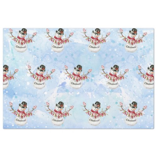 Watercolor Merry Christmas Typography Cute Snowman Tissue Paper