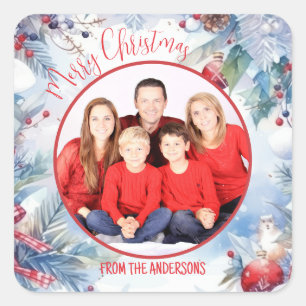 Watercolor Merry Christmas Winter Border Photo Square Sticker