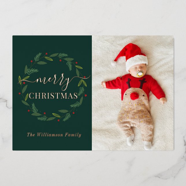 Watercolor Merry Christmas Wreath Baby Photo Foil Holiday Card (Front)